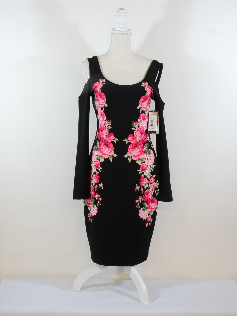 BOLD elements Black Cold-Shoulder Long Sleeve Dress with Pink Floral Embroidery